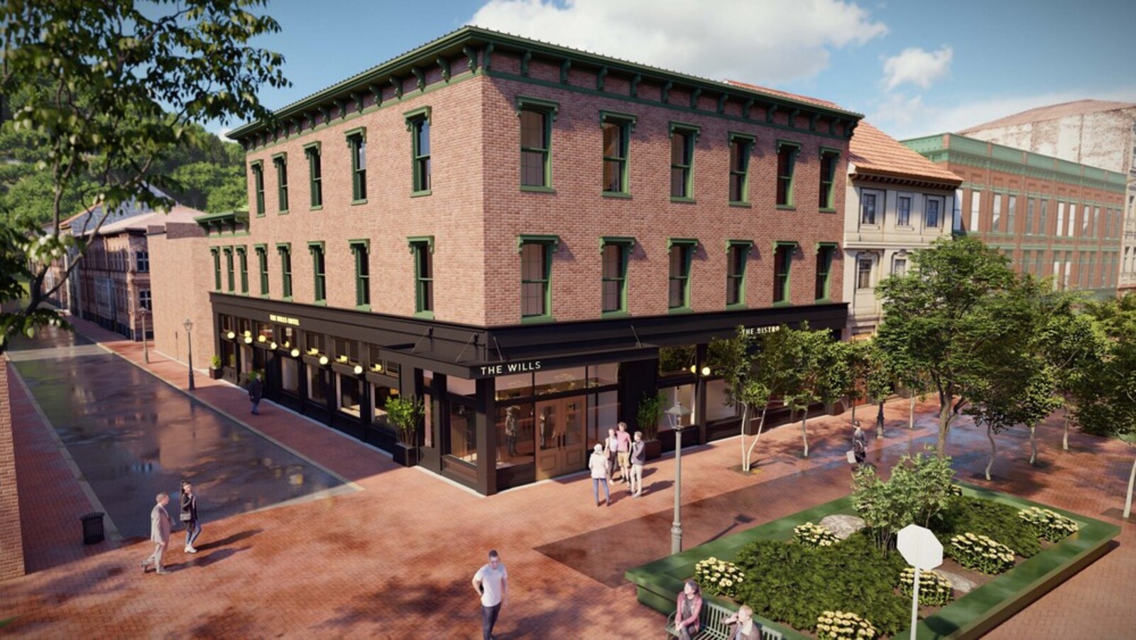 a building with people walking around